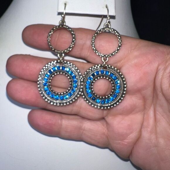 Boho Silver Tone Circle Dangle Earrings with Turquoise Blue Crystals - Picture 3 of 8